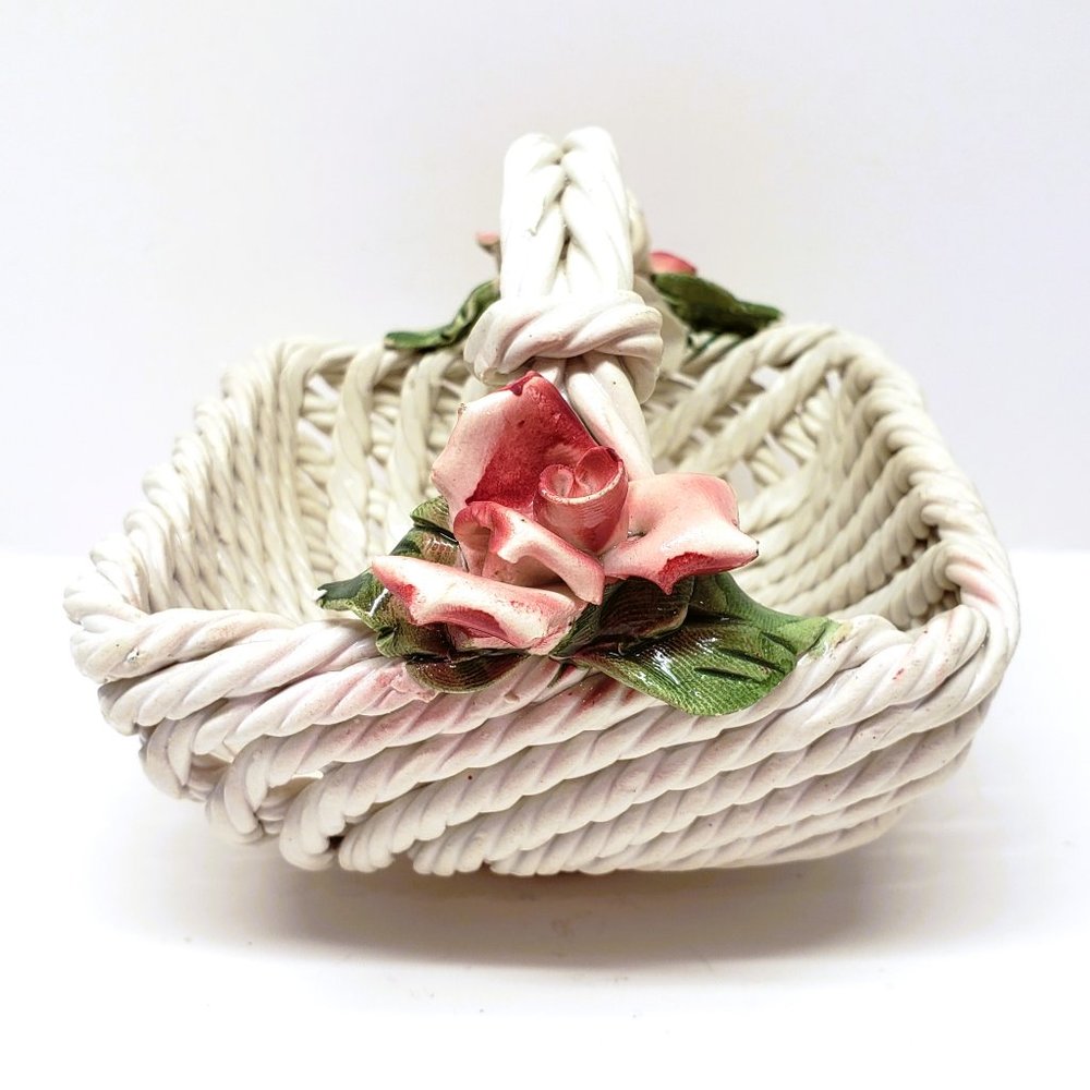 Ceramic Basket Twisted Spaghetti Weave Pink Roses Square Lattice Flower 4" Italy